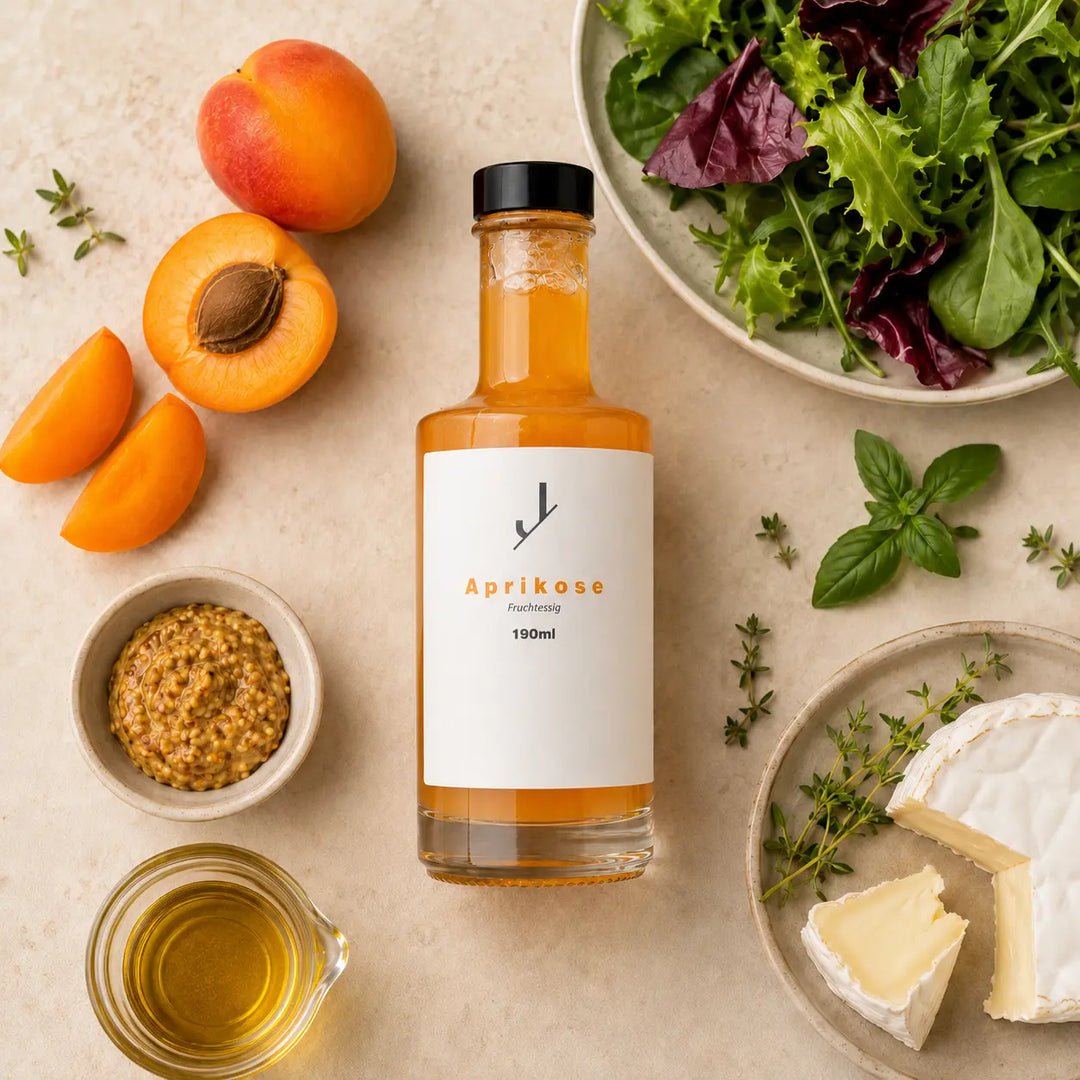 Aprikosen Essig von Jungermann Gourmet mit Zutaten für ein fruchtiges Salatdressing