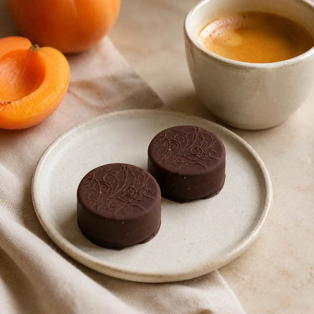 Zwei Aprikosen Pralinen von Jungermann Gourmet mit Espresso und frischer Aprikose