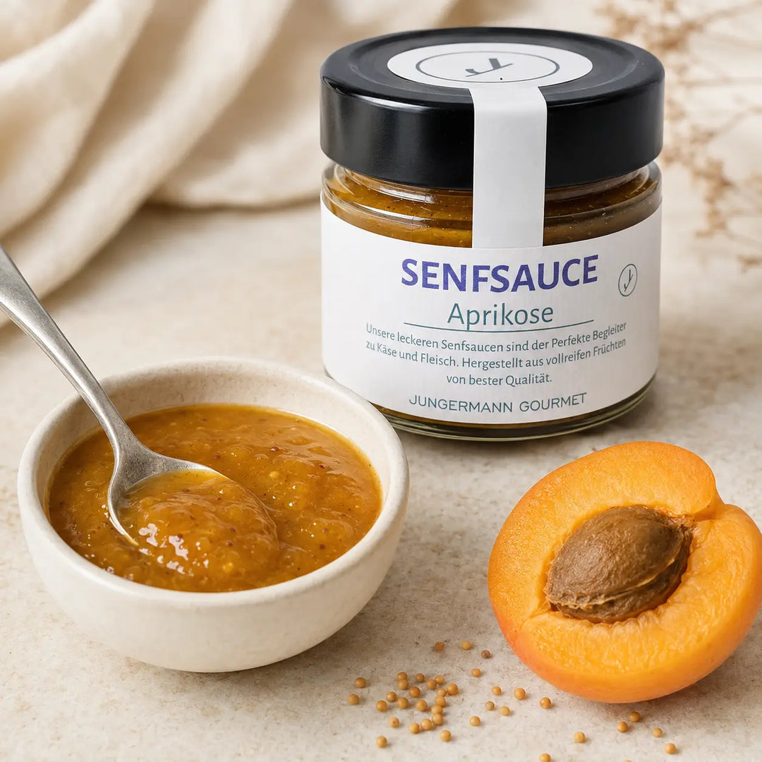 Aprikosen-Senf-Sauce von Jungermann Gourmet mit Sauce im Schälchen und Aprikose