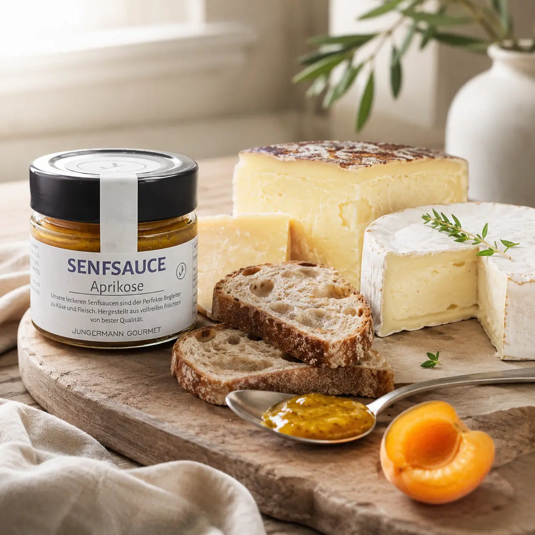 Aprikosen-Senf-Sauce von Jungermann Gourmet zu Käse und rustikalem Brot