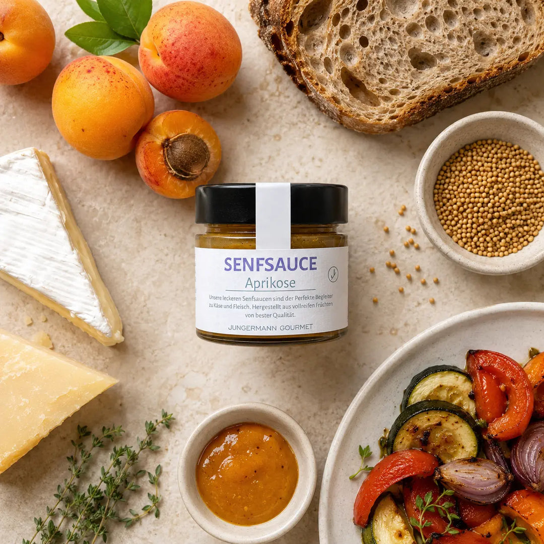 Aprikosen-Senf-Sauce von Jungermann Gourmet mit Käse, Brot, Gemüse und Aprikosen