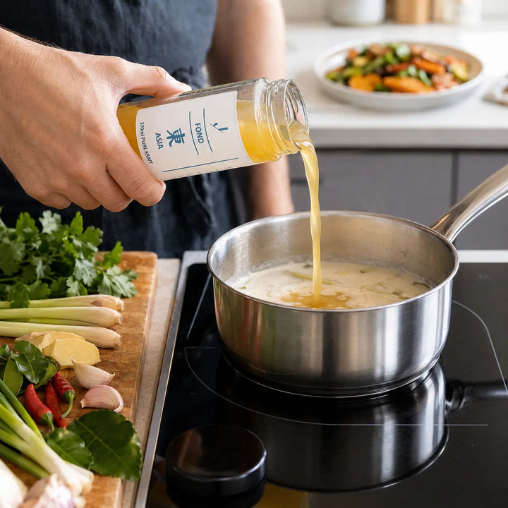Asia-Fond von Jungermann Gourmet beim Kochen mit Zitronengras, Ingwer, Chili und Koriander