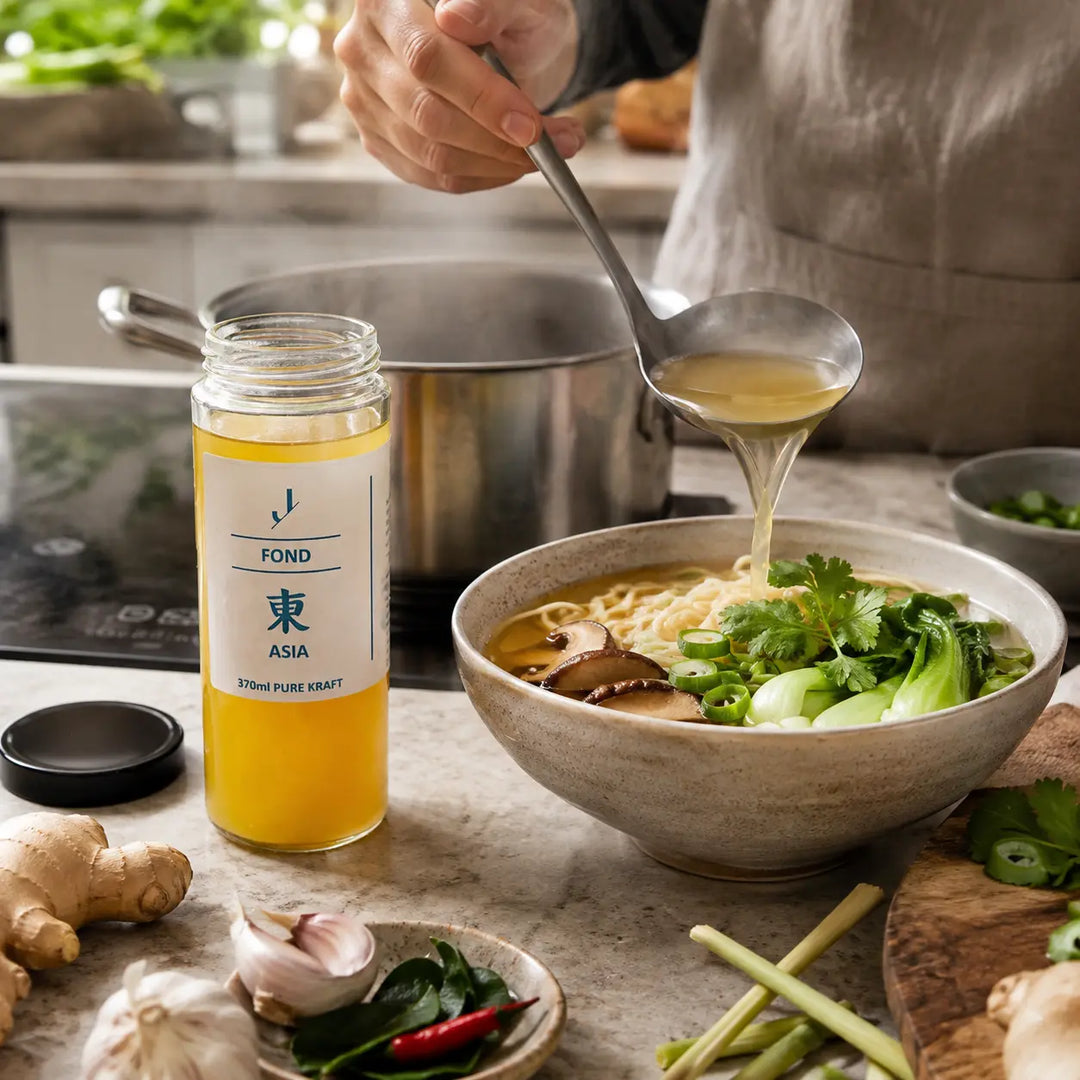 Asia-Fond von Jungermann Gourmet beim Anrichten einer asiatischen Nudelsuppe mit Pak Choi