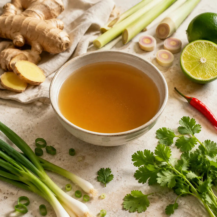 Asia-Fond mit Ingwer, Zitronengras, Limette, Chili, Koriander und Frühlingszwiebeln