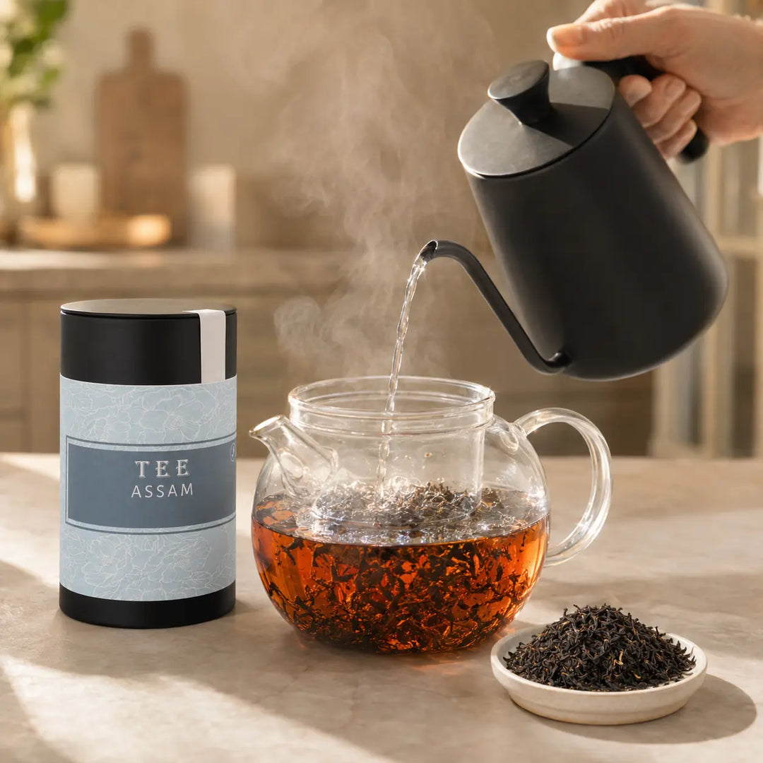 Assam Tee von Jungermann Gourmet wird in einer Glaskanne frisch aufgegossen