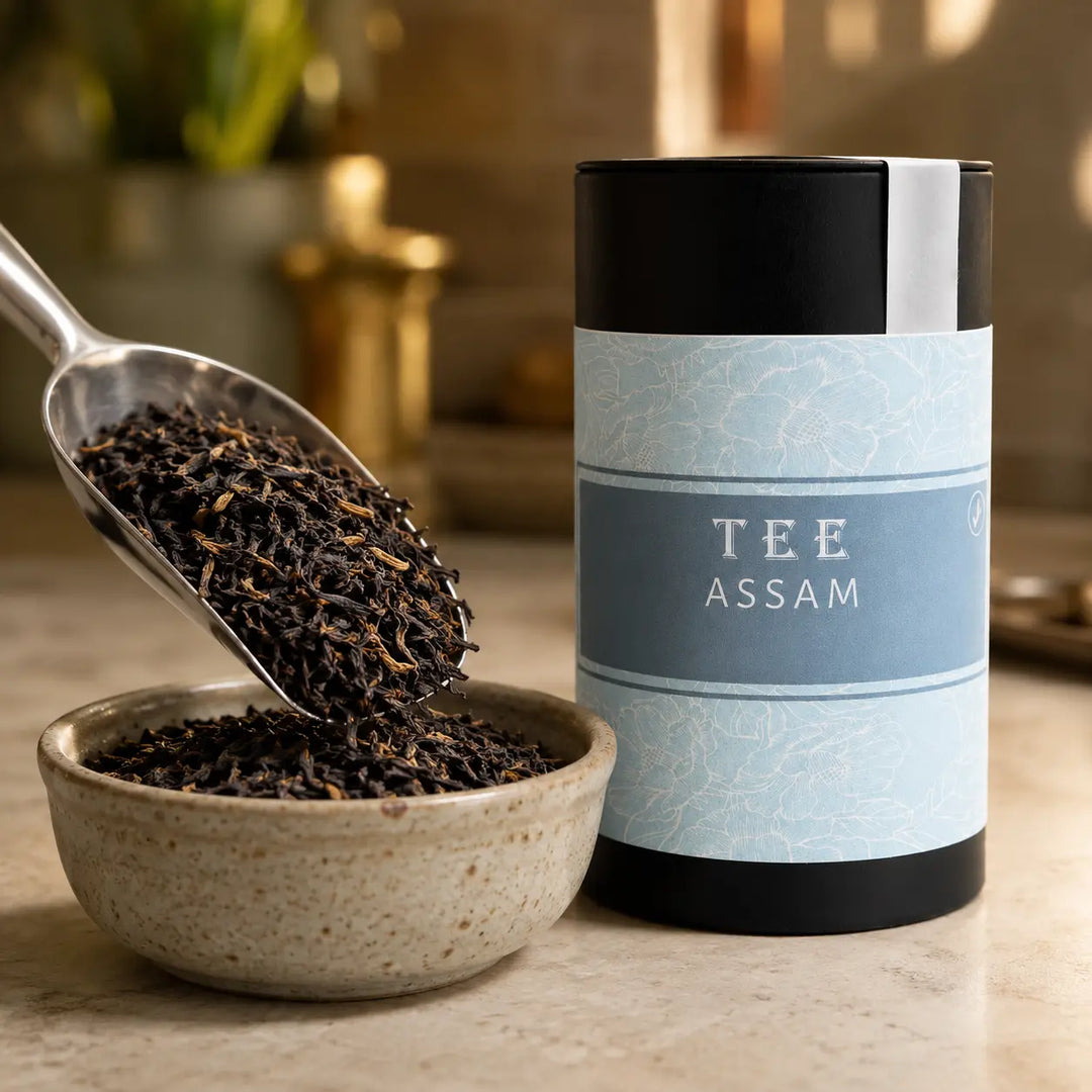Loser Assam Tee wird neben der Jungermann Gourmet Dose mit einem Teelöffel dosiert