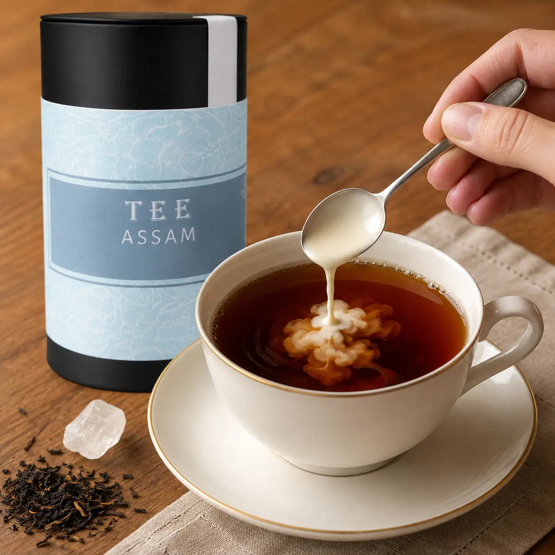 Kräftiger Assam Tee mit Kluntje und Sahne neben der Jungermann Gourmet Teedose