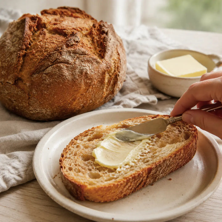 Scheibe Backhaus-Laib von Jungermann Gourmet wird mit Butter bestrichen