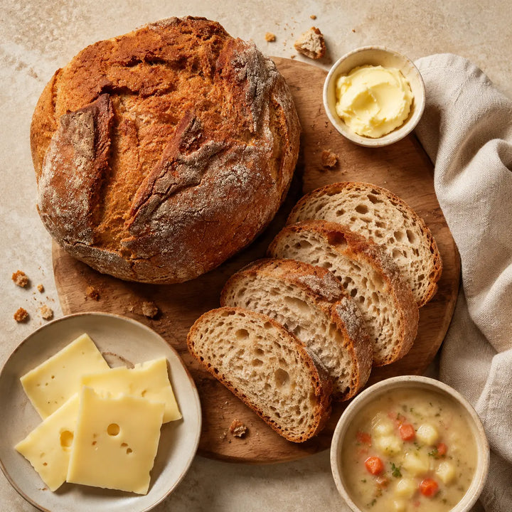 Backhaus-Laib von Jungermann Gourmet als Brotzeit mit Käse, Butter und Suppe