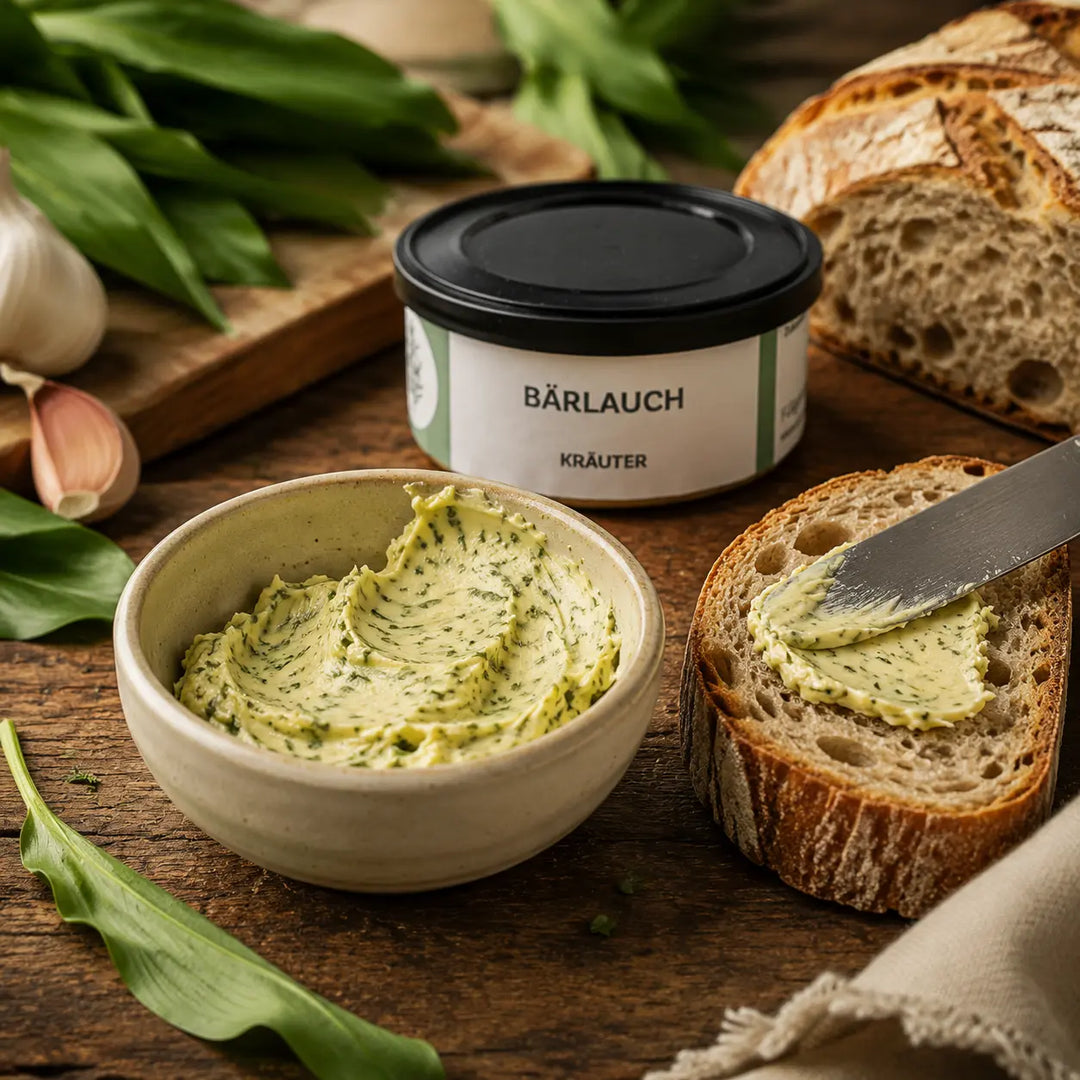 Bärlauch von Jungermann Gourmet als würzige Kräuterbutter auf rustikalem Brot