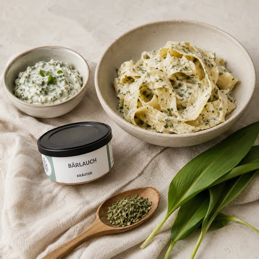 Bärlauch von Jungermann Gourmet mit cremigen Bandnudeln und Kräuterquark