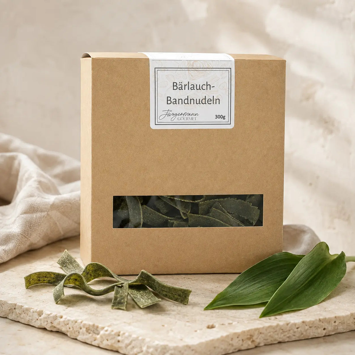 Bärlauch Bandnudeln von Jungermann Gourmet in der Kraftpapier-Schachtel