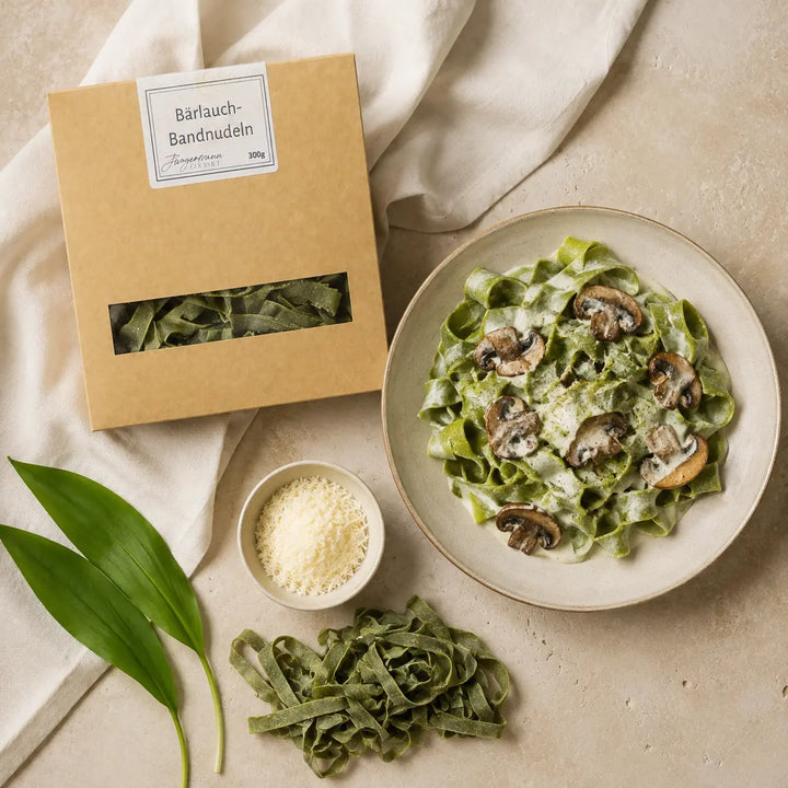 Bärlauch Bandnudeln von Jungermann Gourmet mit Pilzen und heller Cremesauce