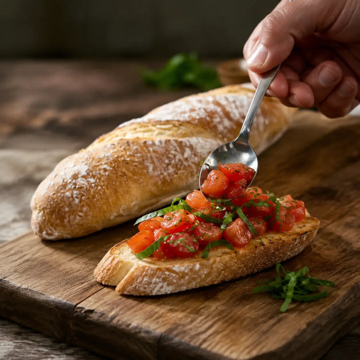 Geröstete Scheibe Steinofen-Baguette von Jungermann Gourmet mit Tomate und Basilikum
