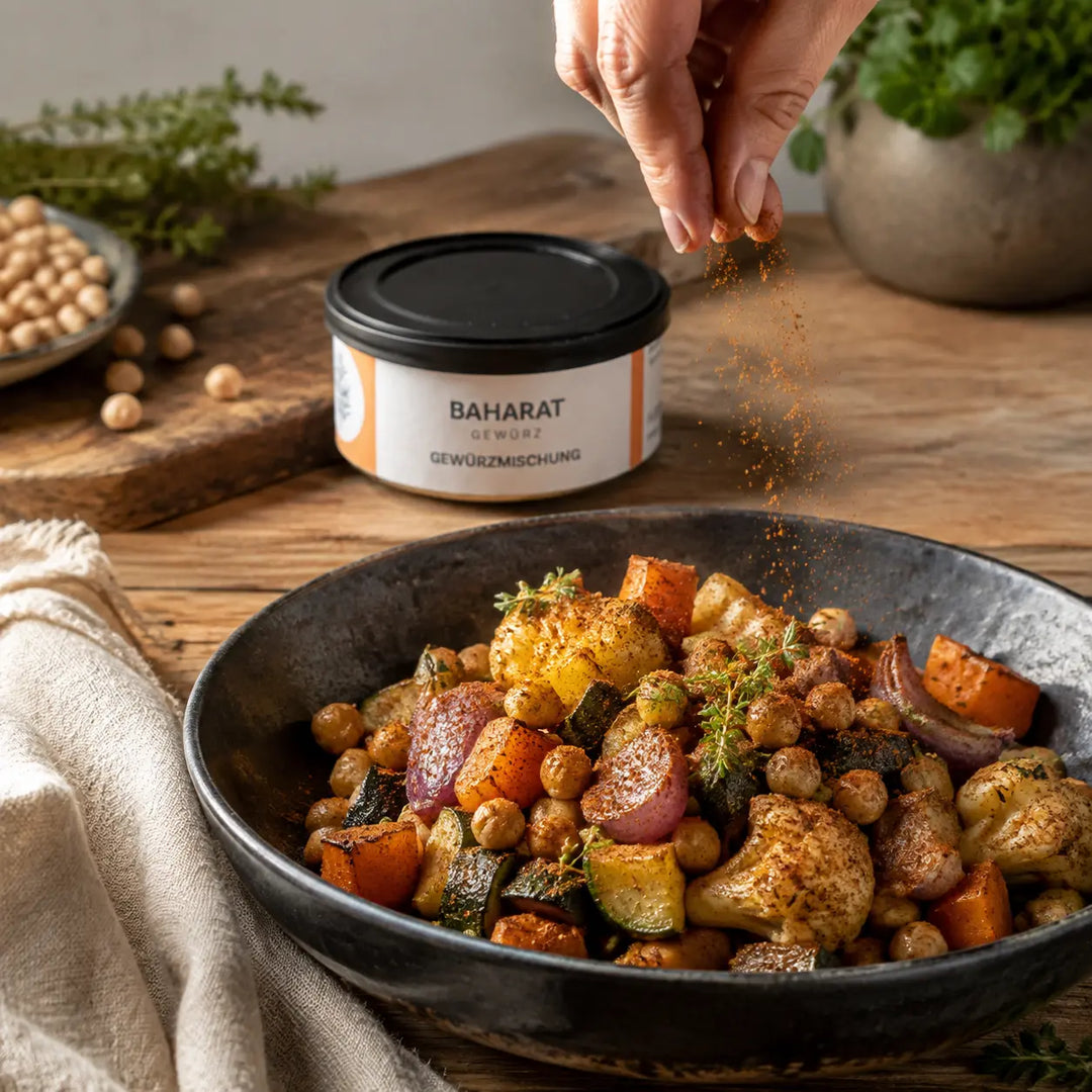 Ofengemüse mit Kichererbsen wird mit Baharat von Jungermann Gourmet gewürzt