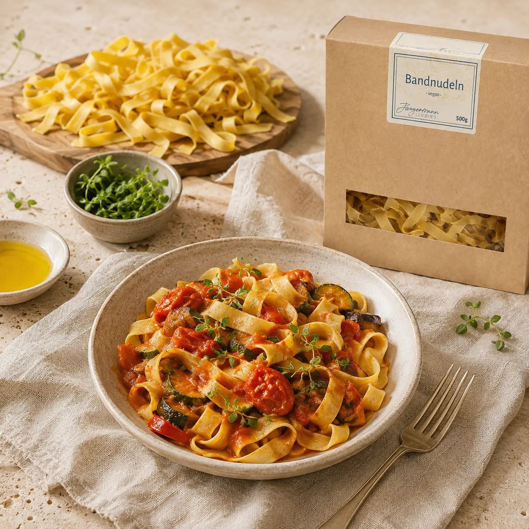 Bandnudeln ohne Ei von Jungermann Gourmet mit Tomaten und geröstetem Gemüse