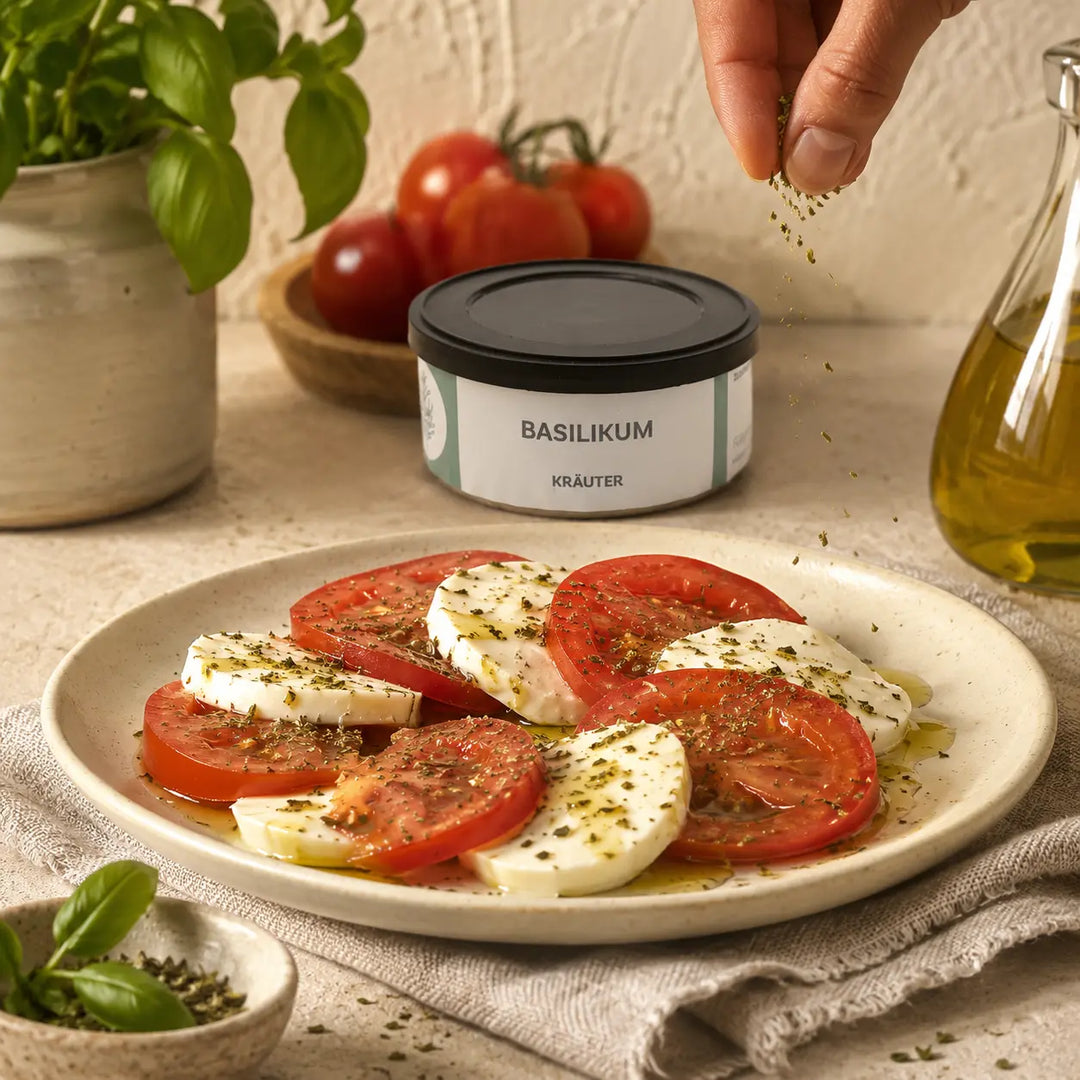 Basilikum von Jungermann Gourmet auf Tomaten und Mozzarella mit Olivenöl