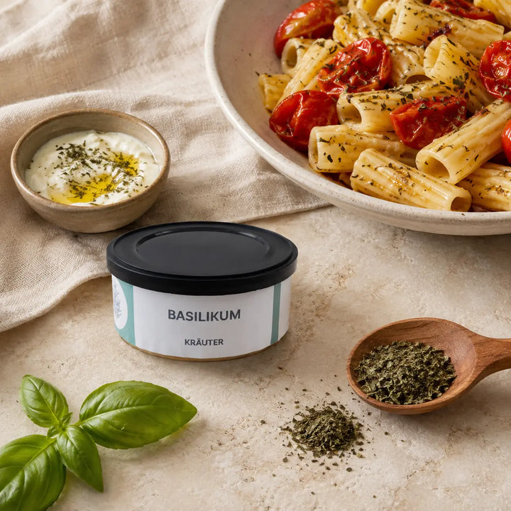 Basilikum von Jungermann Gourmet mit Pasta, gerösteten Tomaten und Kräuterdip
