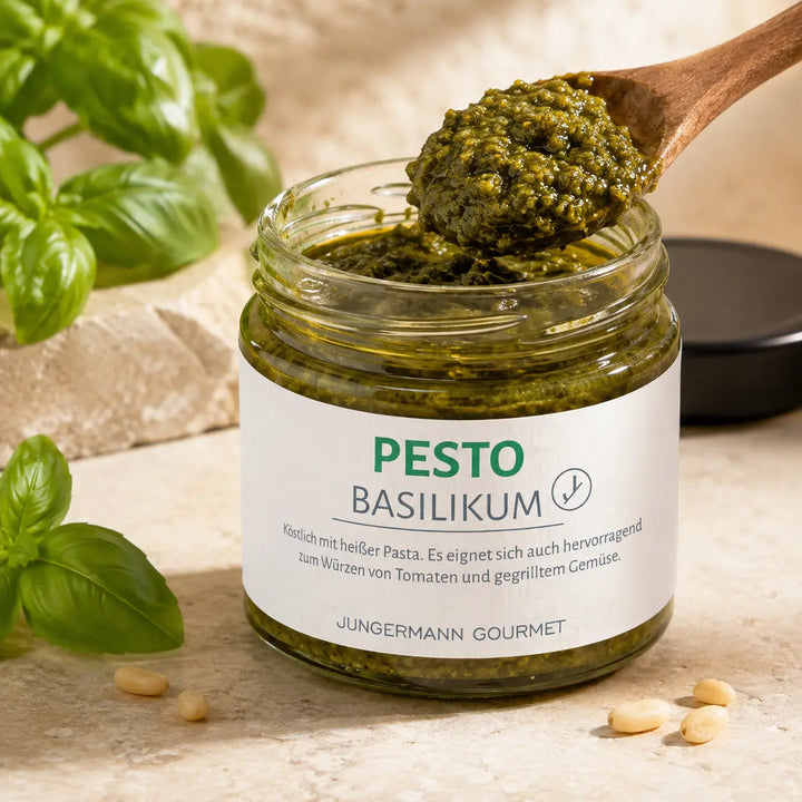 Geöffnetes Basilikum-Pesto von Jungermann Gourmet mit Holzlöffel