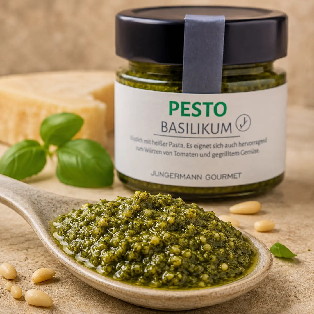 Basilikum-Pesto von Jungermann Gourmet mit rustikaler Kräuter- und Pinienkerntextur