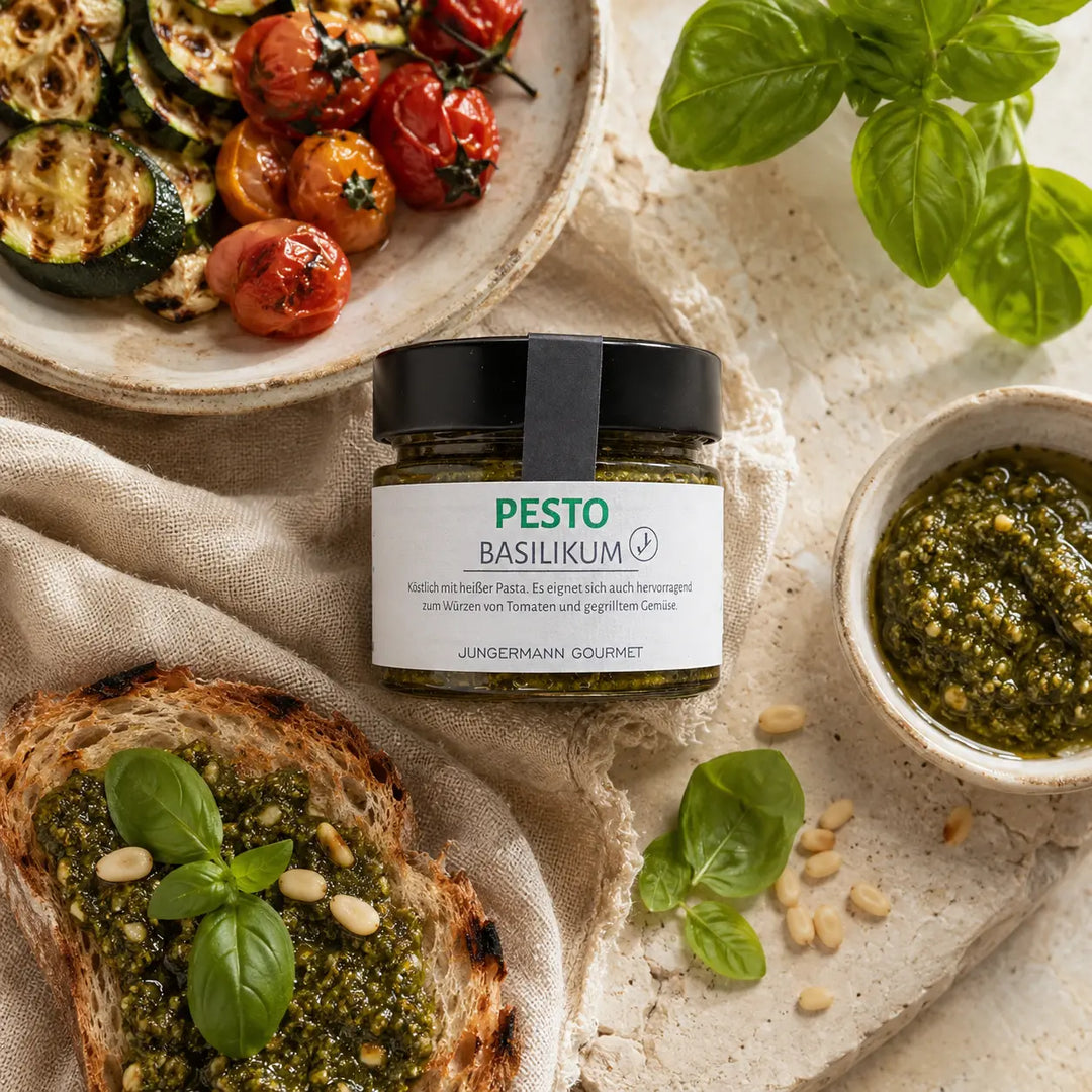 Basilikum-Pesto von Jungermann Gourmet mit geröstetem Brot, Tomaten und Zucchini