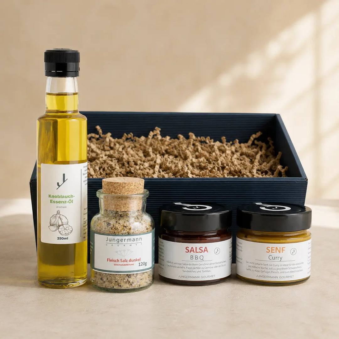 Inhalt der BBQ-Box von Jungermann Gourmet mit Öl, Gewürzsalz, Salsa und Senf