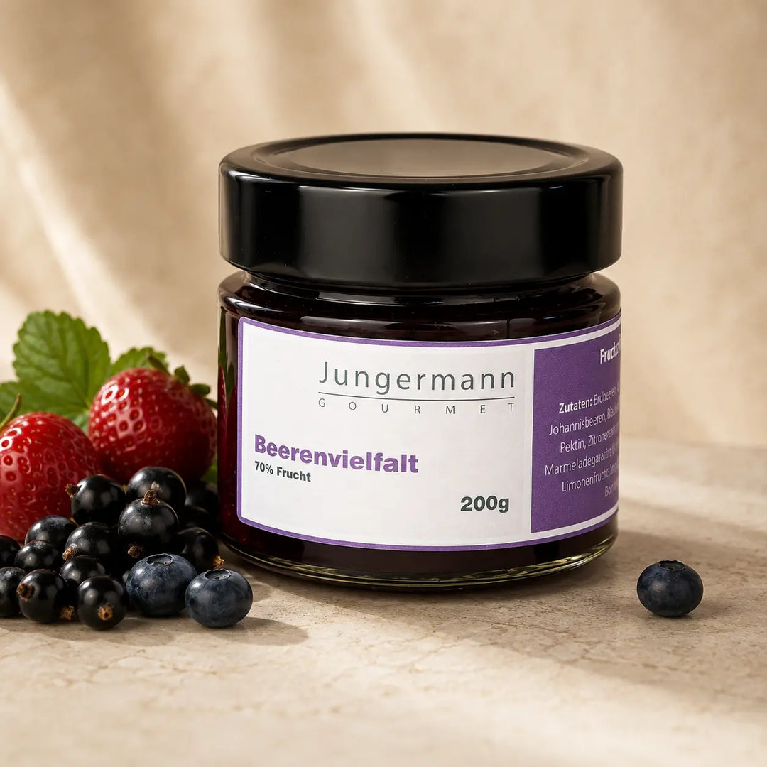 Beerenvielfalt Aufstrich von Jungermann Gourmet mit Erdbeeren, Johannisbeeren und Heidelbeeren