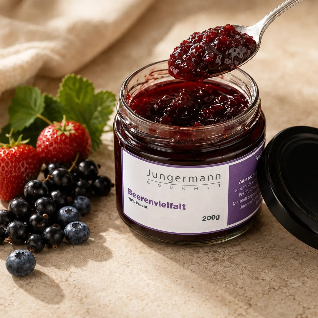Geöffneter Beerenvielfalt Aufstrich von Jungermann Gourmet mit Löffel und gemischten Beeren