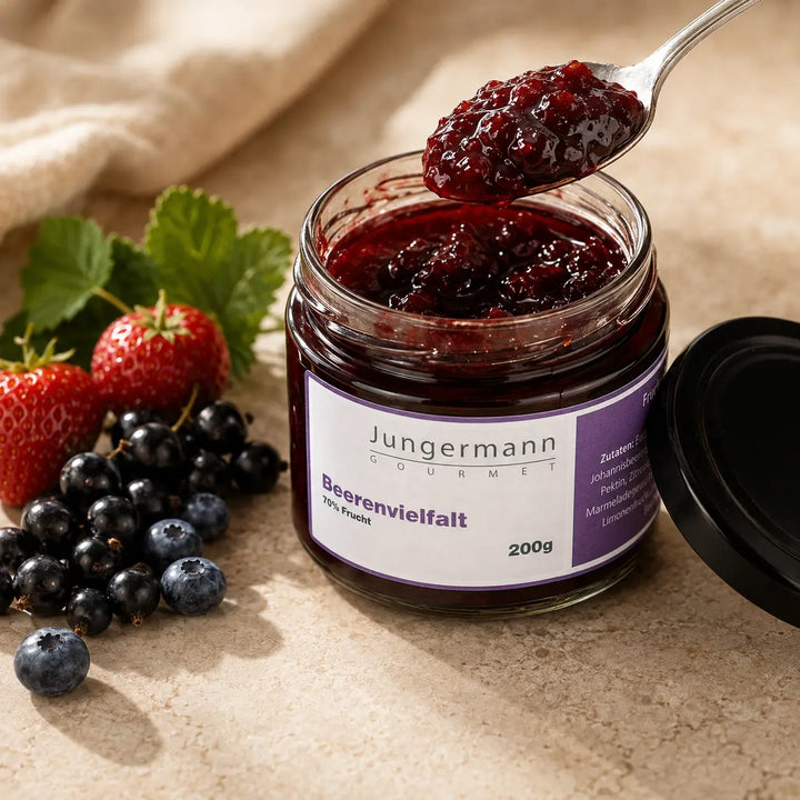 Geöffneter Beerenvielfalt Aufstrich von Jungermann Gourmet mit Löffel und gemischten Beeren