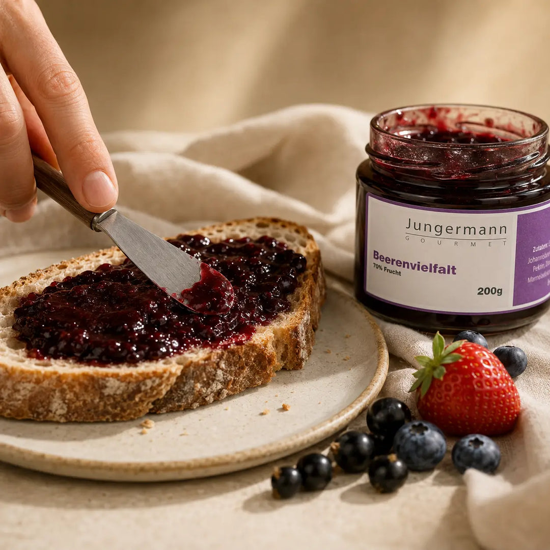 Beerenvielfalt Aufstrich von Jungermann Gourmet auf rustikalem Brot
