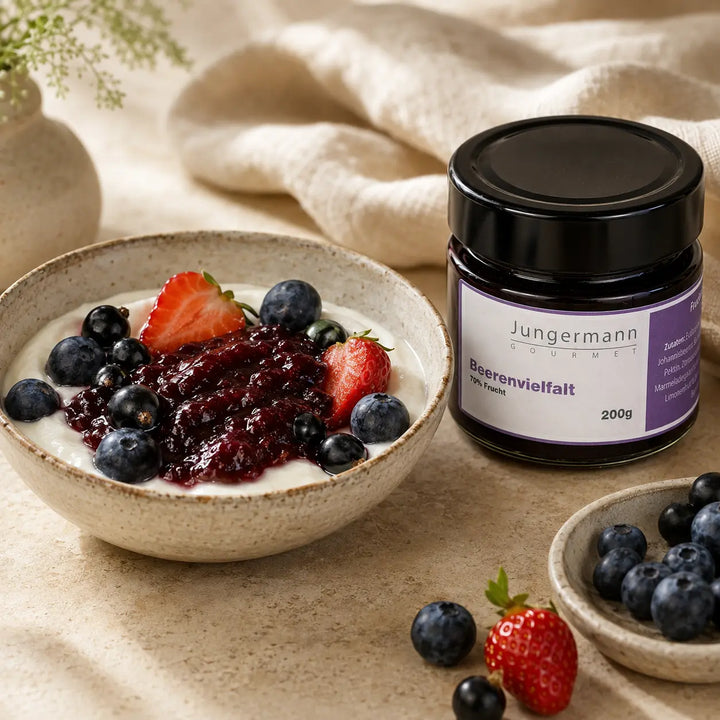 Naturjoghurt mit Beerenvielfalt Aufstrich von Jungermann Gourmet und frischen Beeren