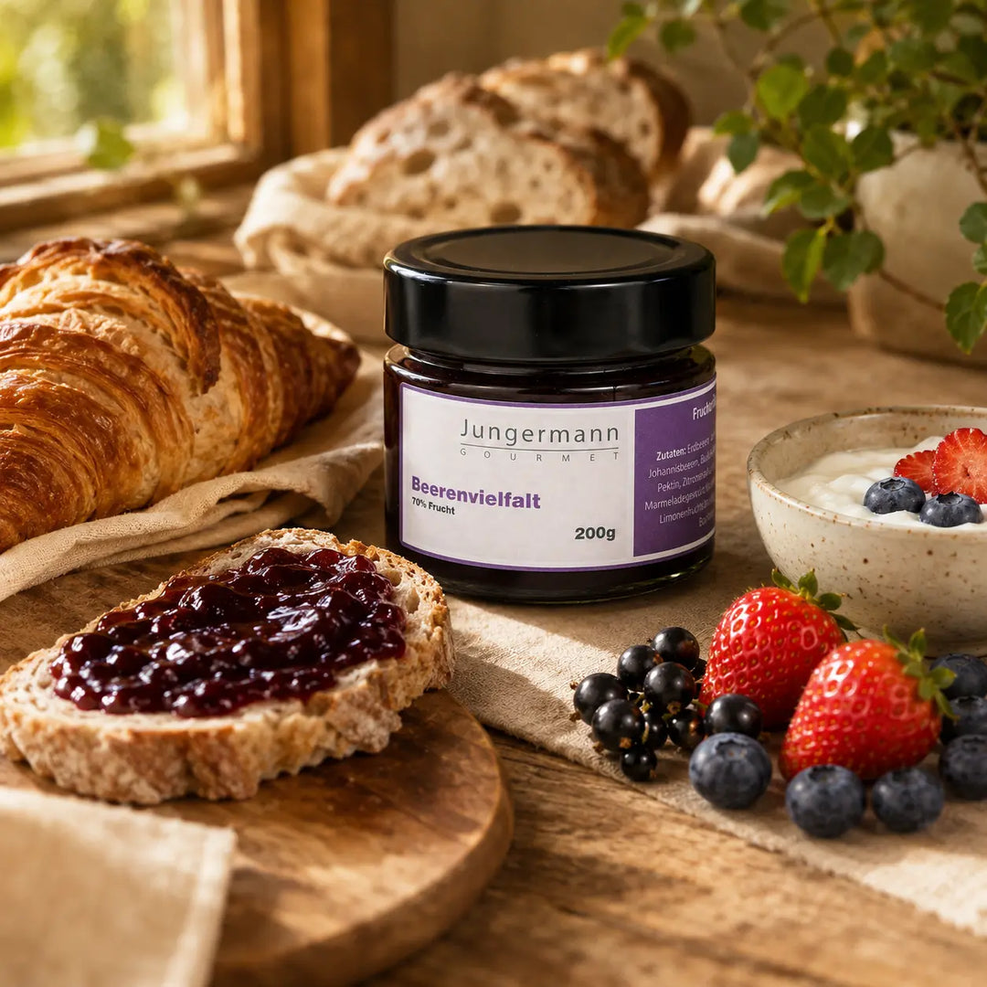 Frühstück mit Beerenvielfalt Aufstrich von Jungermann Gourmet, Brot, Croissant und Joghurt