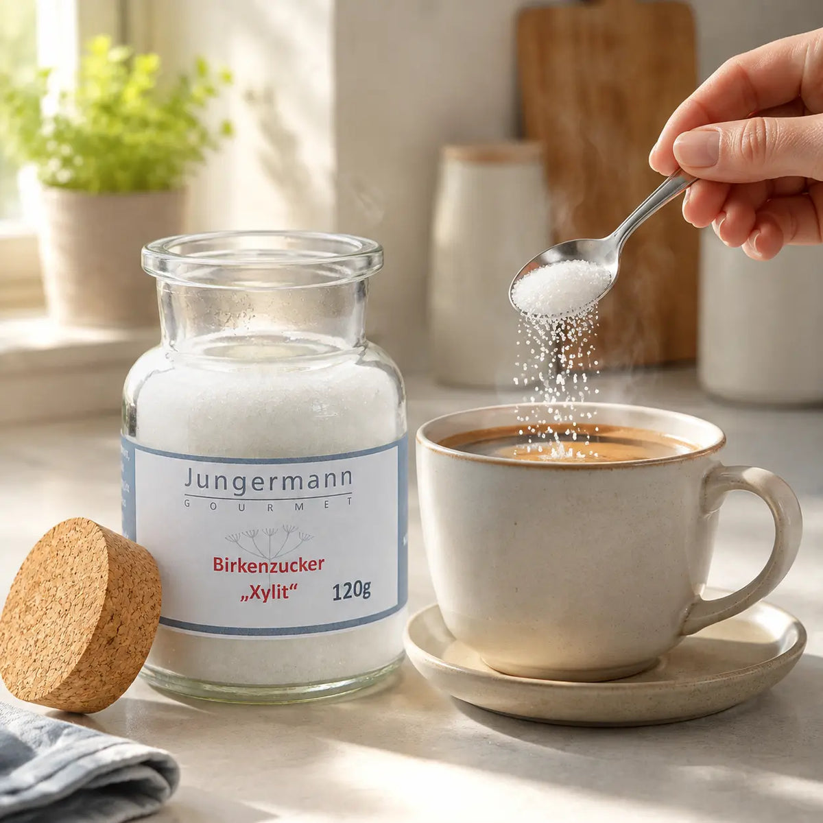 Birkenzucker Xylit von Jungermann Gourmet beim Süßen von Kaffee