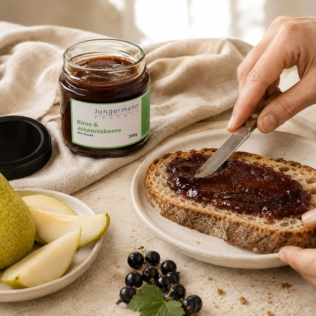 Birne und Johannisbeere Aufstrich von Jungermann Gourmet auf rustikalem Brot