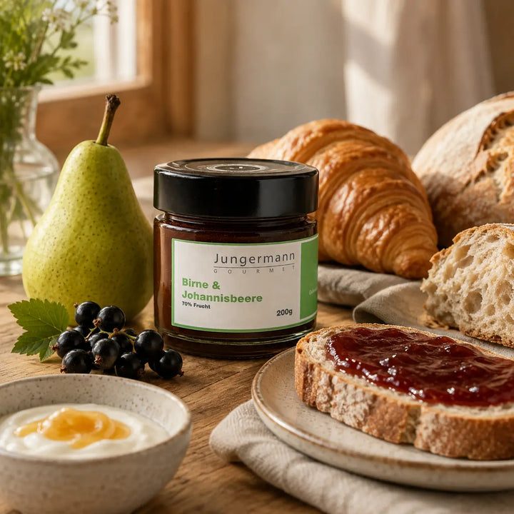 Frühstück mit Birne und Johannisbeere Aufstrich von Jungermann Gourmet, Brot und Croissant
