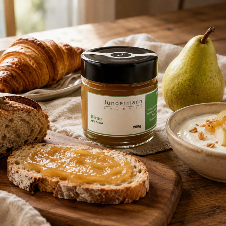 Frühstück mit Birnen Aufstrich von Jungermann Gourmet, Brot, Croissant und Joghurt