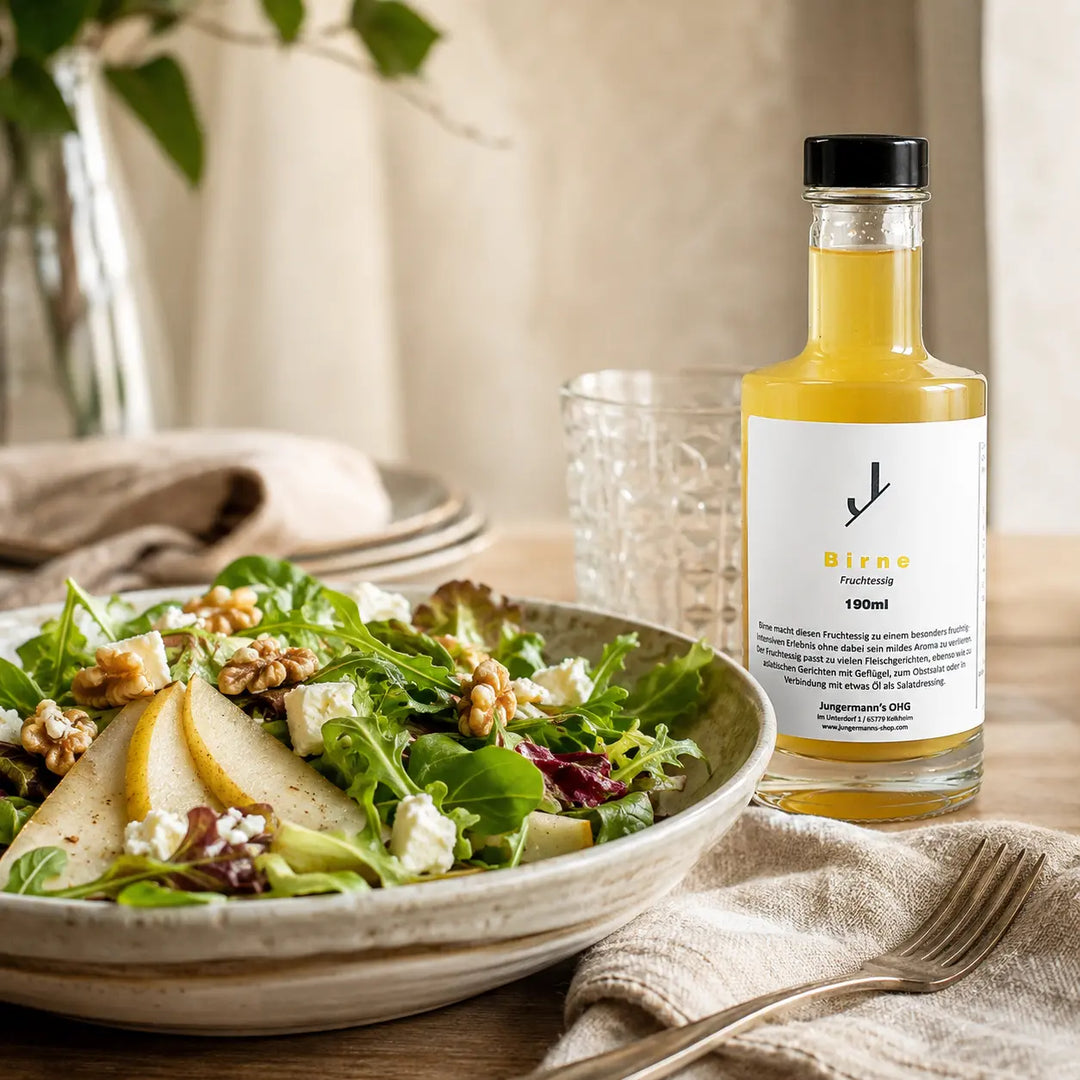 Blattsalat mit Birne, Käse und Walnüssen neben Jungermann Gourmet Birnen Essig