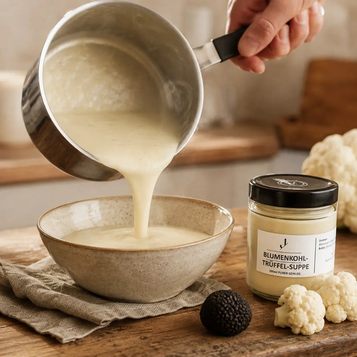 Blumenkohlsuppe mit Trüffel von Jungermann Gourmet beim schonenden Anrichten