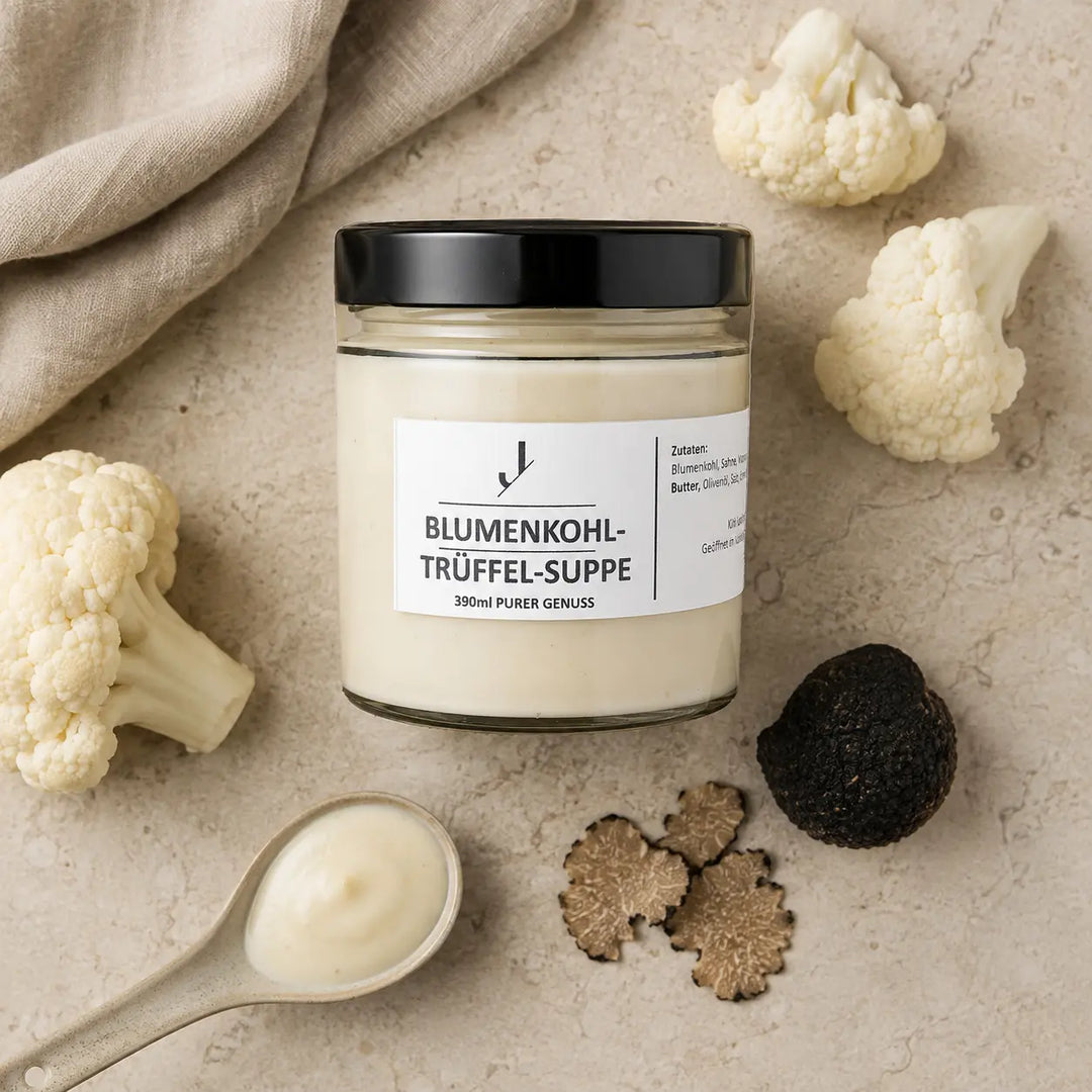 Jungermann Gourmet Blumenkohlsuppe mit Trüffel neben Blumenkohl und schwarzem Trüffel