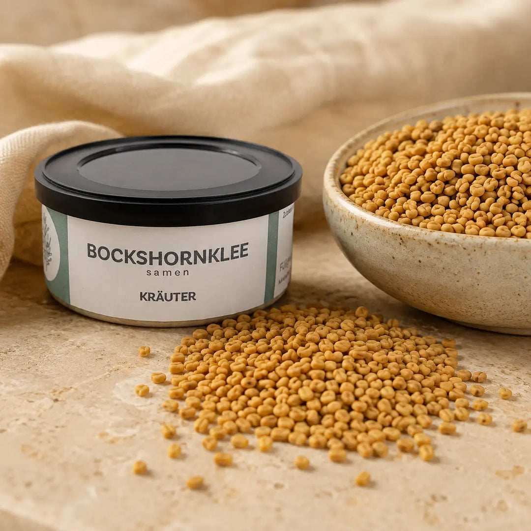 Ganze goldbraune Bockshornkleesamen neben der Jungermann Gourmet Gewürzdose