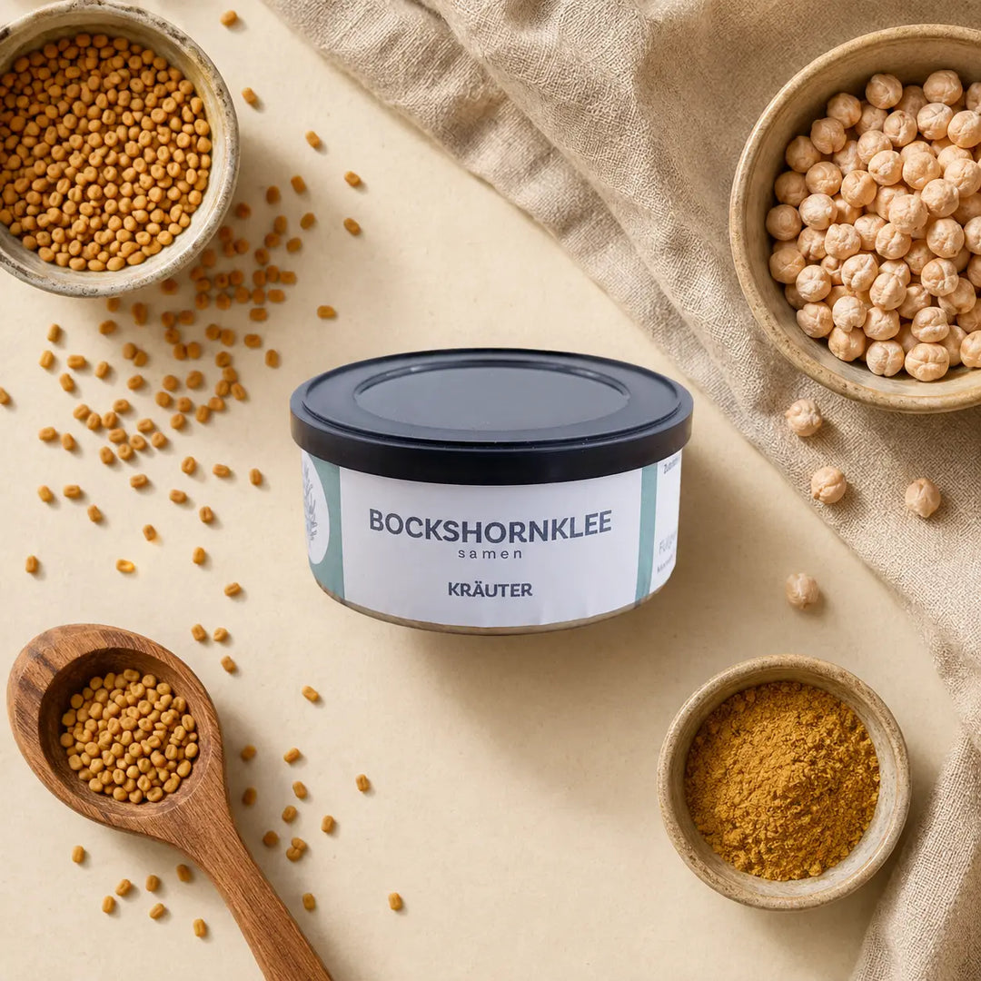 Bockshornklee Samen von Jungermann Gourmet mit Kichererbsen und Gewürz-Mise-en-place