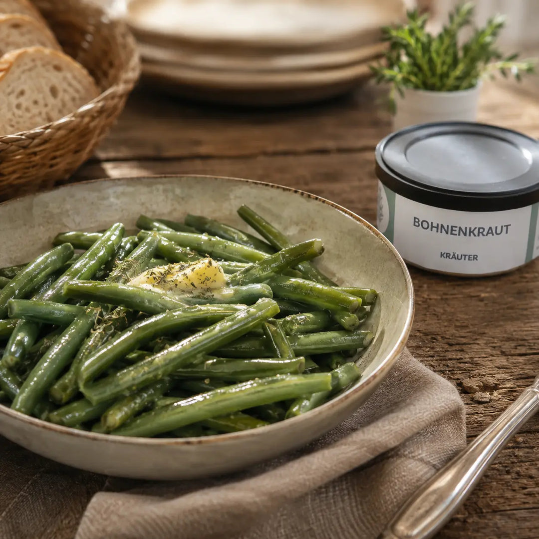 Grüne Bohnen mit Butter und Bohnenkraut von Jungermann Gourmet serviert