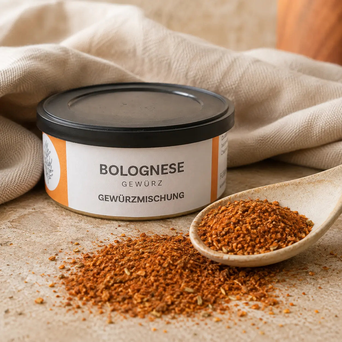Bolognese-Gewürzmischung von Jungermann Gourmet in Keramiklöffel und Gewürzdose