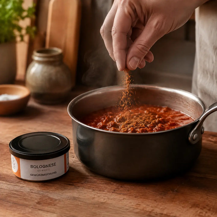 Tomatige Bolognese-Sauce beim Würzen mit Jungermann Gourmet Bolognese-Gewürz