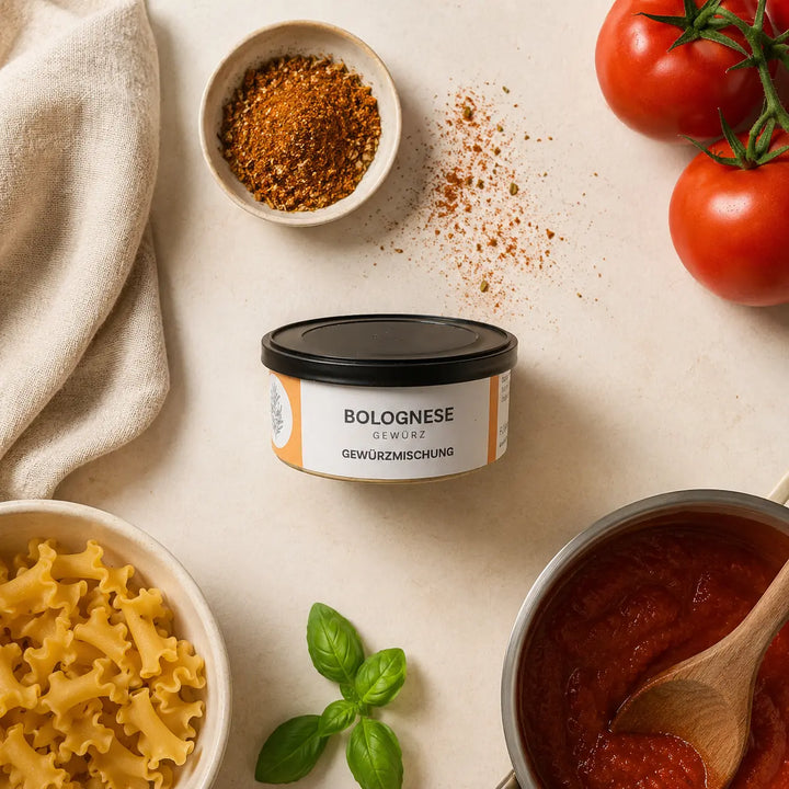 Bolognese-Gewürz von Jungermann Gourmet mit Tomaten, Pasta und Sauce in der Draufsicht