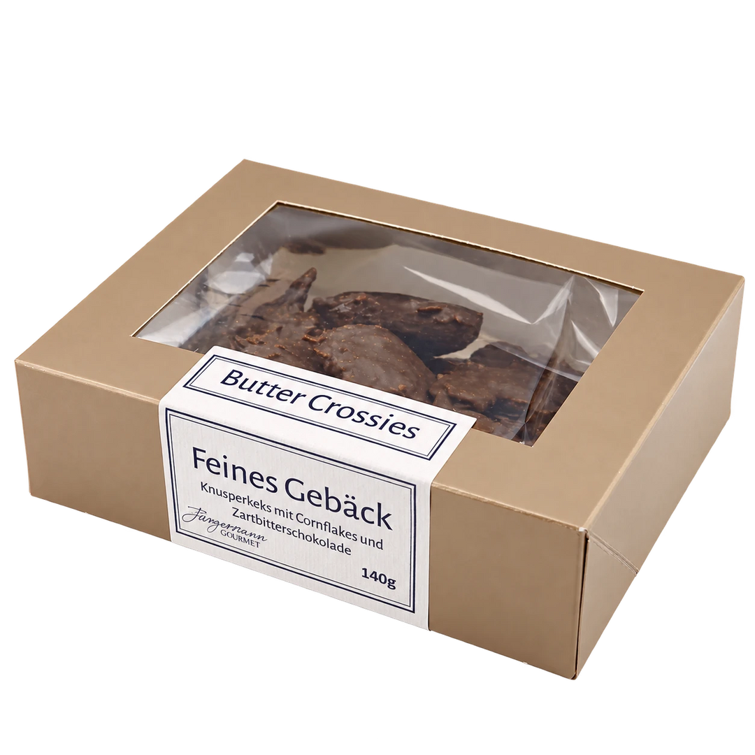 Butter-Crossies von Jungermann Gourmet in der Gebäckschachtel mit Sichtfenster – freigestellte Produktansicht.