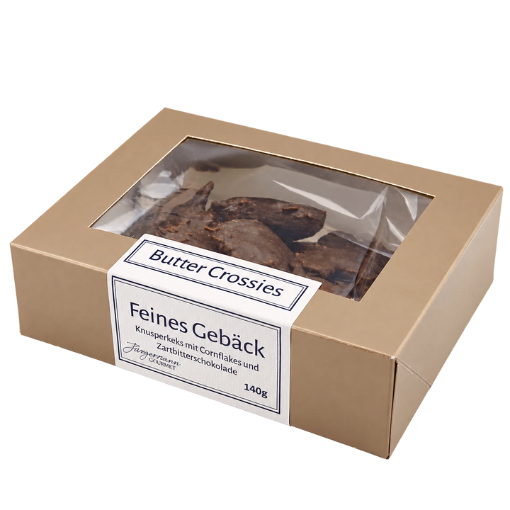 Butter-Crossies von Jungermann Gourmet in der Gebäckschachtel mit Sichtfenster – freigestellte Produktansicht.