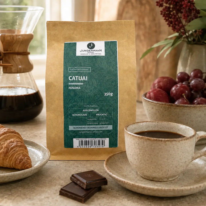 Catuai Kaffee mit frisch gebrühter Tasse, Croissant, Schokolade und roten Früchten