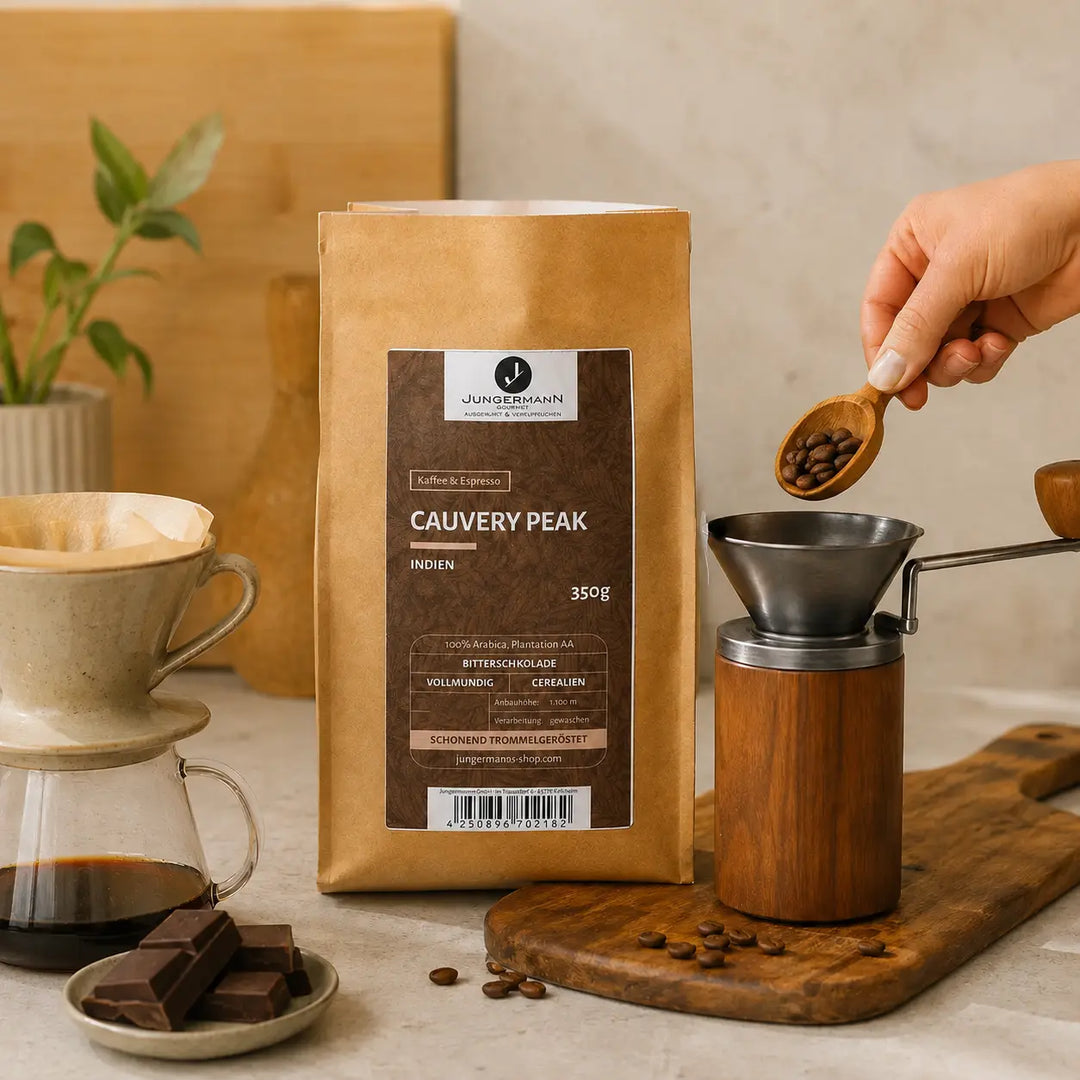 Cauvery Peak Kaffee aus Indien beim Dosieren ganzer Bohnen in eine Handmühle