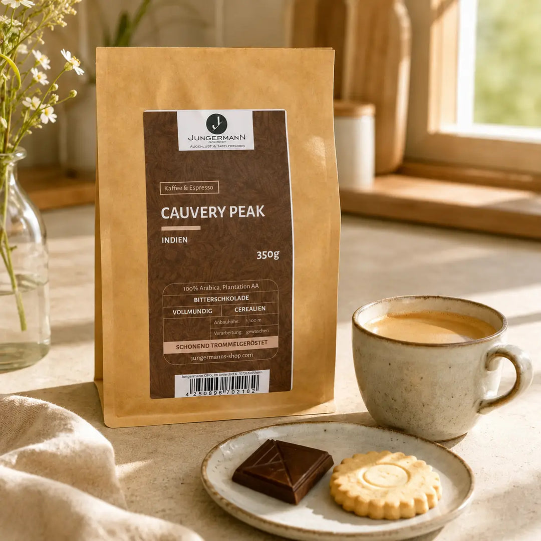 Cauvery Peak Kaffee mit Café Crème, Gebäck und dunkler Schokolade im Morgenlicht